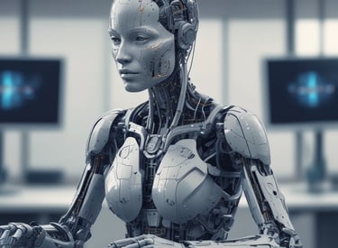 A small, round robot with a smooth white surface and blue accents operates a blue laptop on a sleek, floating platform. The robot has glowing eyes and an antenna on its head, with an 'AI' emblem on its front.