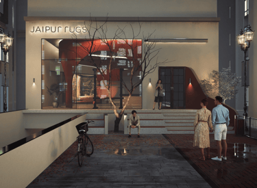 A concept Idea of an Entrance to Jaipur Rugs' showroom, with a dried up tree in front