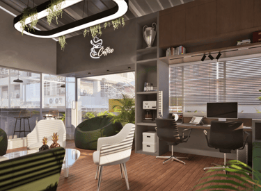 Interior Design of an Office, with cozy furniture, wide openings for natural light to enter