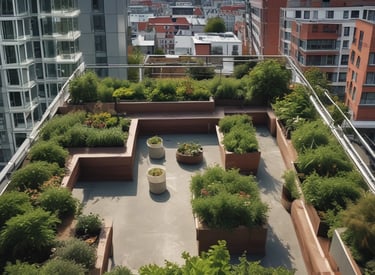A perspective view of an urban scene where old railway tracks are flanked by green plants, leading the eye towards modern skyscrapers with reflective glass facades. The area appears to be a reused industrial space, now transformed into a park-like passageway amidst the towering city buildings.