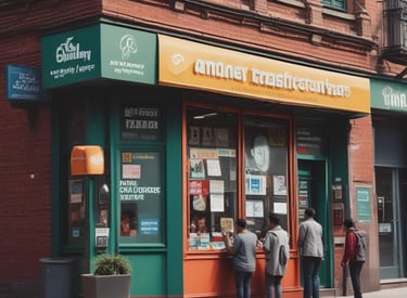 A nighttime street scene with a food vendor stall illuminated by neon lights in the background. A person is seated on a stool in front of the vendor, interacting with the seller. Various signs for currency exchange and money transfer are visible above.