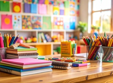 Colorful classroom with school supplies like notebooks, pencils, and crayons organized on a wooden table
