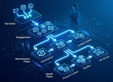 Flowchart of fan engagement and upsell paths for an OnlyFans creator funnel