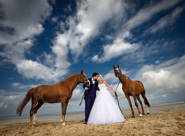 celebre photographer weeding florent studio lille-after-day-mariage-couple-et-leurs-chevaux-sur-la-plage-saint omer-le touque