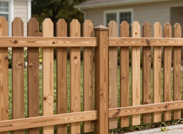 Classic cedar wood picket fence installed in a suburban residential front yard with green grass.