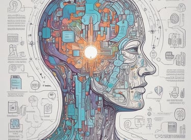 Close-up of hands typing on a laptop with mental health and AI research materials nearby.