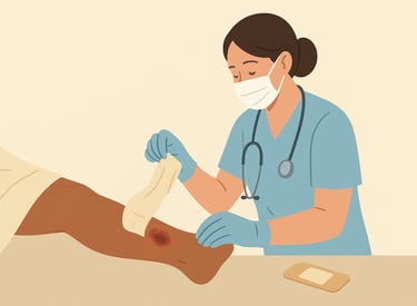 a nurse changing the dressing/bandage on a chronic wound