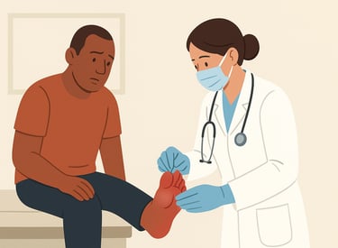 a medical professional inspecting a swollen toe