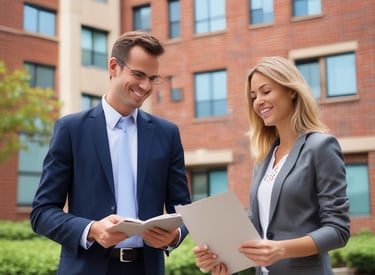 A professional team discussing property management strategies in an office setting.
