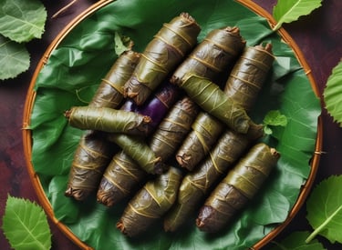 Armenian tolma wrapped in grape leaves, showcasing its vibrant green color.