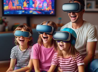 A vibrant virtual reality gaming arena with people enjoying various games.