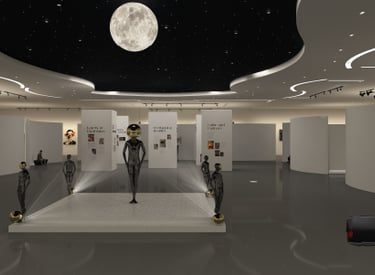 Virtual gallery space with sculptures under a starry sky, featuring white display panels and an illu