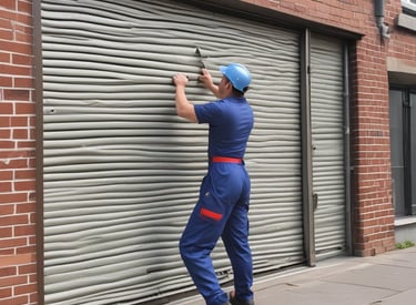 A closed metal roller shutter with horizontal ridges set within a reddish brick wall. A small rectangular cut-out is visible in the center of the door. The wall has a pipe running vertically on the right side.