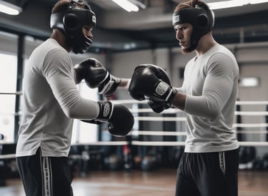 Two  are performing lunges in a well-lit studio, each holding dumbbells in their hands. They are both wearing athletic clothing, and cartons of boxed water are placed on the floor nearby. Large windows allow natural light to illuminate the wooden floor.
