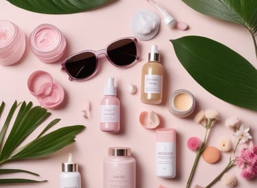 Various beauty and lifestyle items arranged aesthetically on a beige background. The items include a glass bottle with a dropper, an open jar of cream, a compact powder, a white candle, black sunglasses, a lip gloss, and large green leaves placed diagonally.