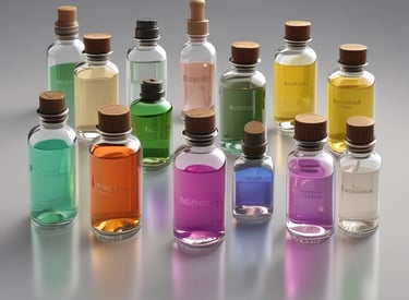 Multiple bottles of fragrance oil are neatly arranged on wooden shelves. The bottles vary in size and have labels with text both in English and another language. The lighting is warm, highlighting the sleek, dark-colored containers.