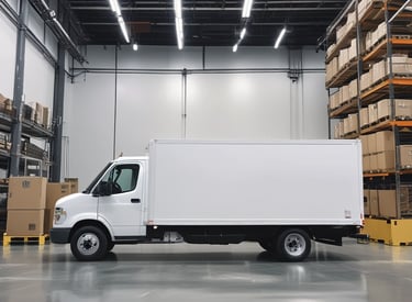 A large moving truck is parked on a residential street in front of a house with beige siding and white garage door. The truck is branded with 'Los Angeles Transfer And Storage,' featuring contact information and graphics of a city skyline. The sky is overcast, and the street is empty.