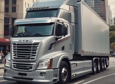 A large truck with a shipping container body parked in a shady area, surrounded by tall trees. The truck's cabin is metallic with a grille on the window, and the container has branding and signage on the side.