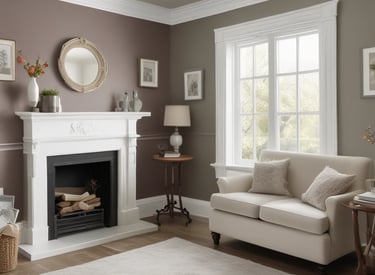 A section of a wall is being painted. The surface appears partially covered with paint, and various painting supplies are present, including a large paint bucket and a brush. The ground is protected with plastic sheets, and there is a close-up of paint on a tool in the foreground.