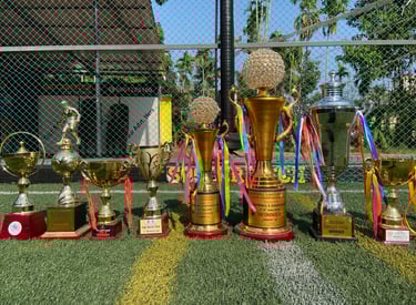 Trophies of different football tournaments in artificial football turf