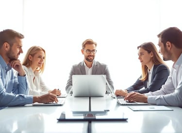 a group of business people sitting around a table