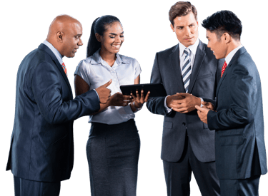 a group of business people standing around a tablet