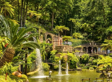 Monte Palace Tropical Garden with lush greenery, a pond, and a fountain
