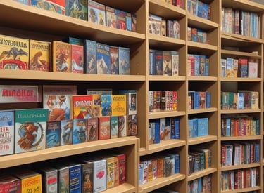 A display case filled with various trading cards, including baseball and football cards, with vibrant packaging. A sign labeled 'Trading Cards' is positioned nearby, indicating the collection available for viewing.