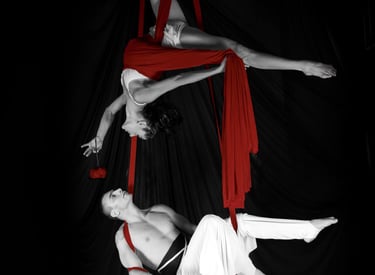 Two aerial silk performers posing in a dramatic black and white duo routine with red fabric accents.