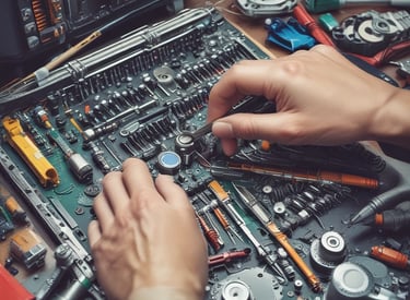 A dimly lit server room with multiple racks of computer servers surrounded by cables and various technical equipment. The space has an industrial feel with visible pipes and ductwork, and a sign on one rack stating 'Do not use'.
