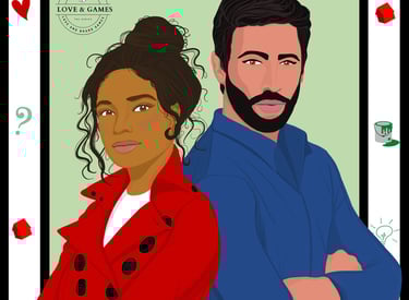 Monopolove - a man and woman in a red jacket and red coat in a Monopoly game card