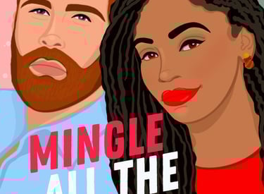 Mingle All the Way - a red-haired man in a blue shirt and Black woman in a red shirt leaning togethe