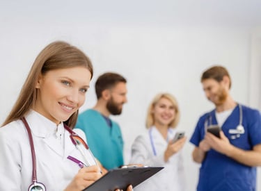 Doctor taking notes on clipboard and a group of doctors smiling in the background