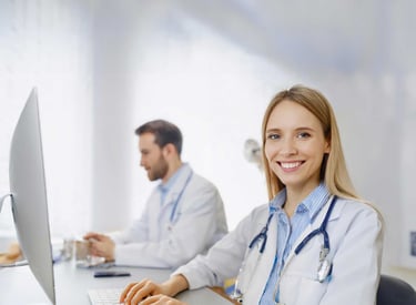 a woman doctor in a lab coat using a computer