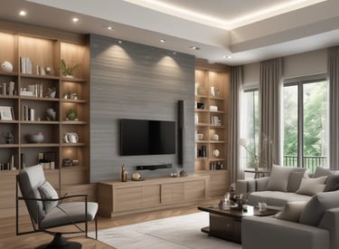 People are working on the interior renovation of a room that appears to be under construction. A worker on a scaffold is painting the ceiling, while others are seated or discussing the progress. The room has smooth, gray walls with arched recesses and a modern design vibe. There are tools and materials scattered around, including a ladder, paint cans, and some rocks or construction debris on the floor. Overhead, stylish pendant lights provide illumination as natural light streams in from windows.