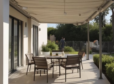 An interior space appears to be under renovation, featuring a large, decorative marble wall with an intricate pattern. Scaffolding, tools, and materials are scattered throughout the room, including a cart, power tools, and a table. The room is lit by natural light coming through large windows, adding to the sense of openness.