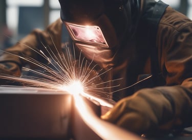 A construction worker wearing a protective helmet stands on a metal scaffold while welding steel beams. Sparks fly as the welding process creates an electric arc. The background includes a blue-roofed building and brick walls.