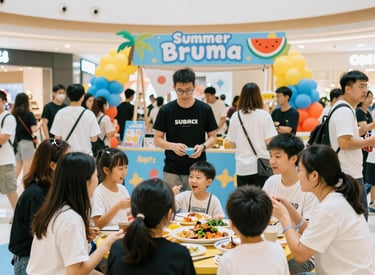 A vibrant crowd enjoying live music at the mall's central plaza during the summer festival.