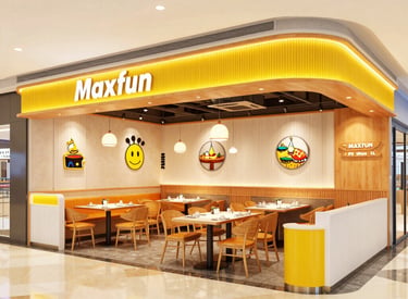 A lively restaurant with people dining and a chef preparing meals in the open kitchen.