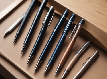 A close-up of elegant Japanese fountain pens resting on a wooden desk with soft natural light.