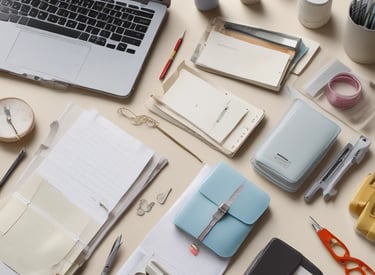 Organizational tools including minimalist desk trays, file holders, and planners arranged neatly.