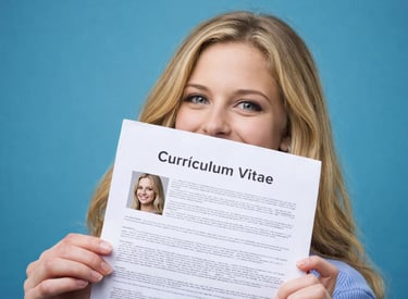A blonde woman holding her professional curriculum vitae for a job application or career recruitment.