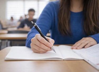 A student in a blue sweater takes notes with a black pen in a notebook during a classroom lecture.