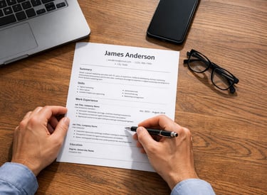 Professional resume on a wooden desk being reviewed by a professional editor holding a pen 