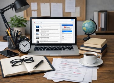 A laptop  on a wooden desk with a notebook, coffee,symbolizing professional writing services 