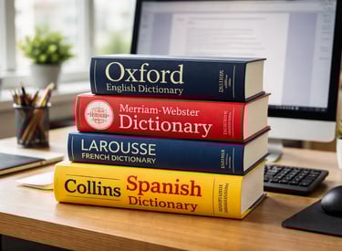 A stack of Oxford, Merriam-Webster, Larousse, and Collins language dictionaries on a wooden desk.