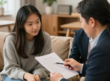 A student and counselor reviewing a college essay together in a cozy study space.