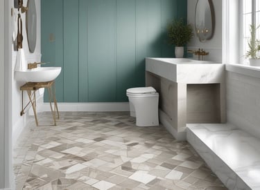 Four wooden planks are lying on a wooden floor. The planks have a natural, rustic finish, and two of them have screws partially embedded. The floor has a variegated pattern with a mix of light and dark brown tones.