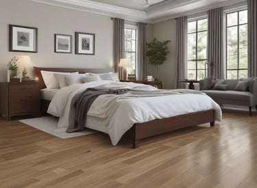 A wooden floor features a bold white design with the words 'Adventure Bound' around three circular illustrations. The illustrations depict a boot, a crossed paddle design, and a backpack. The floorboards are dark with a reddish-brown border, and a pair of shoes is visible at the bottom.