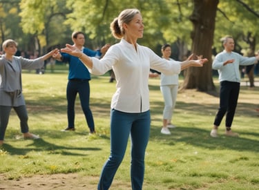 A person in a black outfit appears to be practicing tai chi or a similar movement in a lush, green park. The setting is serene, with sunlight filtering through the leaves of overhanging tree branches, casting dappled shadows on the grass.